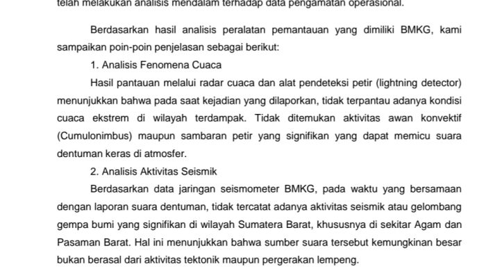 BMKG Tegaskan Dentuman Misterius di Agam dan Pasaman Barat Bukan Gempa atau Cuaca Ekstrem